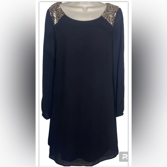 Sequin Hearts Women’s Flowy Dress L Black Gold Sequined Shoulders Sheer Sleeves - Picture 1 of 13